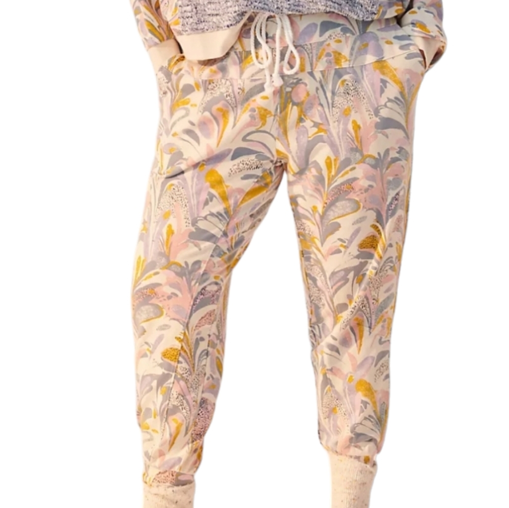 Anthropologie S Saturday Sunday Flora Printed Joggers Cream Pink lounge